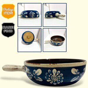 Midcentury Swiss Folk Art Vintage Blue Ceramic Fondue Pot Pan. RARE!